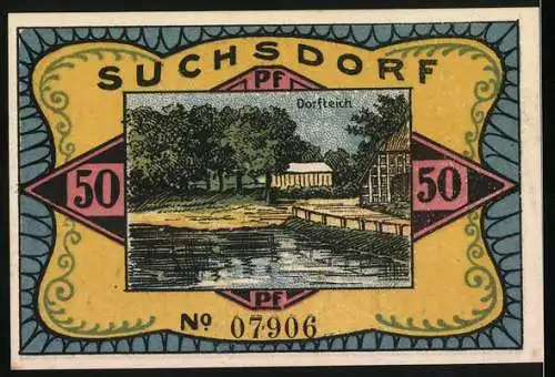 Notgeld Suchsdorf, 1921, 50 Pf, Schlagbrücke und Dorfteich, No. 07906