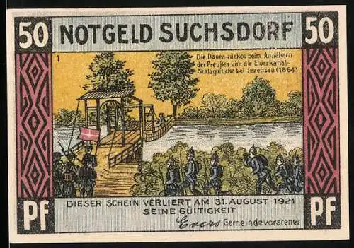 Notgeld Suchsdorf 1921, 50 Pf, Dänen rücken zurück bei Eckernförde, Schlachtbrücke 1864, Gültigkeit bis 31. August