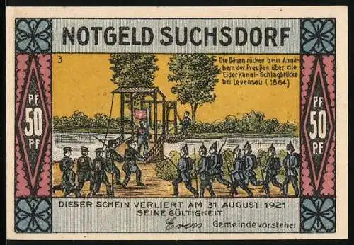 Notgeld Suchsdorf, 1921, 50 Pf, Vorderseite zeigt historische Szene mit Soldaten, Rückseite altes Haus und Text