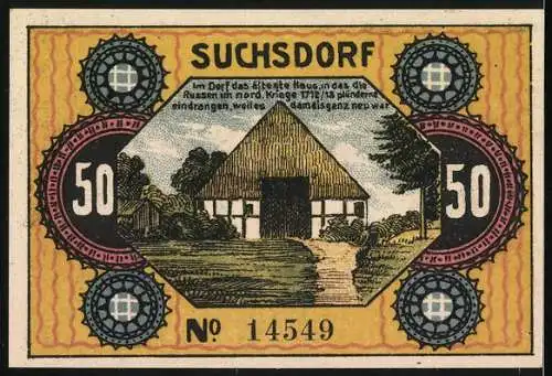 Notgeld Suchsdorf, 1921, 50 Pf, Vorderseite zeigt historische Szene mit Soldaten, Rückseite altes Haus und Text