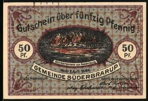 Notgeld Süderbrarup, 1921, 50 Pfennig, Bombardement von Sonderburg, Flüchtlinge aus Sonderburg