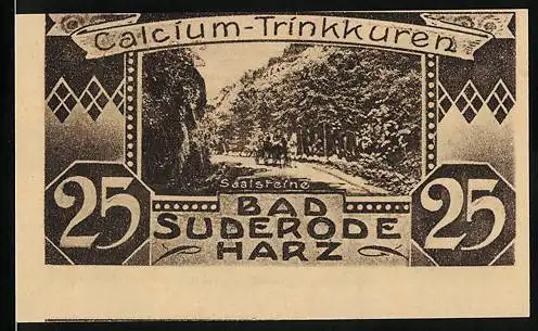 Notgeld Bad Suderode / Harz, 1921, 25 Pfennig, Gutschein B mit Landschaftsbildern und Calcium-Trinkkuren Werbung