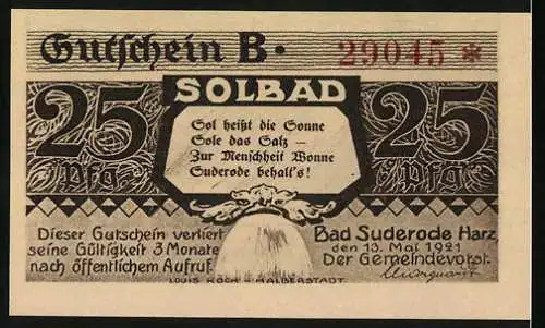 Notgeld Bad Suderode / Harz, 1921, 25 Pfennig, Gutschein B mit Landschaftsbildern und Calcium-Trinkkuren Werbung