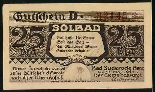 Notgeld Bad Suderode / Harz, 1921, 25 Pfennig, Calcium-Trinkkuren Solbad Gutschein D