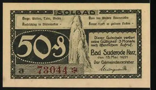 Notgeld Bad Suderode / Harz, 1921, 50 Pfennig, Calcium-Trinkkuren Solbad Gutschein D