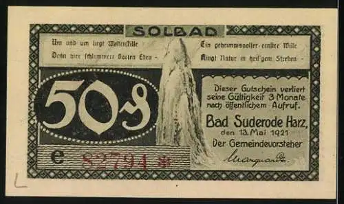 Notgeld Bad Suderode / Harz, 1921, 50 Pfennig, Calcium-Trinkkuren Solbad Gutschein D, Calzium