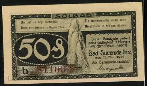 Notgeld Bad Suderode / Harz 1921, 50 Pfennig, Calcium-Trinkkuren, Kalteteichwiese, Solbad, Seriennummer S1105