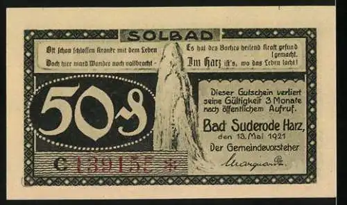 Notgeld Bad Suderode / Harz, 1921, 50 Pfennig, Saalstein und Calcium-Trinkkuren