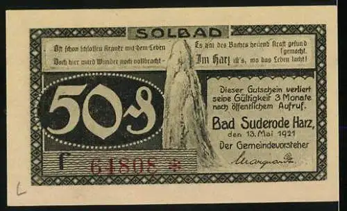 Notgeld Bad Suderode / Harz, 1921, 50 Pfennig, Calcium-Trinkkuren und Solbad Text