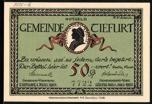 Notgeld Tiefurt, 1921, 50 Pf, grüne Vorderseite mit Goethe-Zitat und rückseitigem Denkmal mit Bäumen
