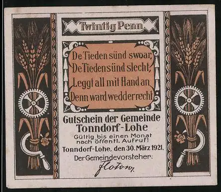 Notgeld Tonndorf-Lohe 1921, 20 Pfennig, Getreideähren, Bauer bei der Aussaat