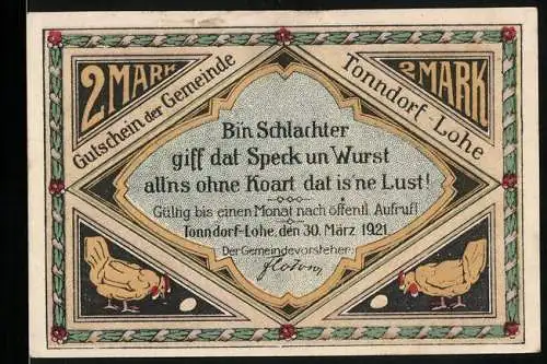 Notgeld Tonndorf-Lohe, 1921, 2 Mark, Gutschein der Gemeinde mit Bauern und Hühnern, Rückseite mit Bauern und Schwein