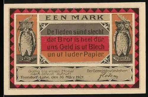 Notgeld Tonndorf-Lohe, 1921, 1 Mark, Eulen-Illustration und Spruch De Tieden sünd slecht