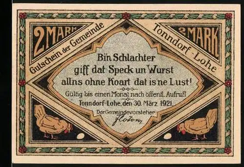 Notgeld Tonndorf-Lohe, 1921, 2 Mark, Gutschein der Gemeinde mit Hühner- und Schweinemotiv, Aufruf vom 30. März 1921