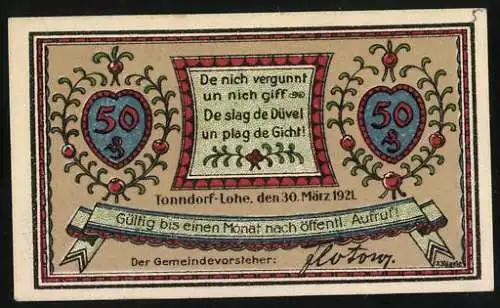 Notgeld Tonndorf-Lohe, 1921, 50 Pfennig, Wandsefall und plattdeutscher Spruch