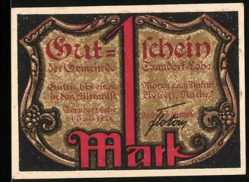 Notgeld Tonndorf-Lohe 1921, 1 Mark, Verziertes Design mit Text und Bild eines Kindes auf der Rückseite