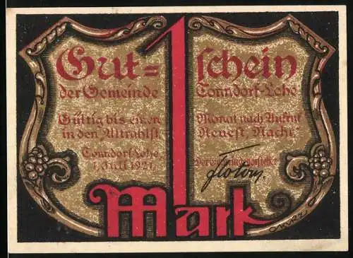 Notgeld Tonndorf-Lohe, 1921, 1 Mark, Gemeindeschein mit Justitia und Fleischerkarte