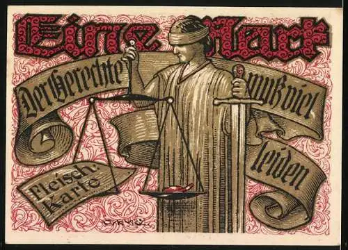 Notgeld Tonndorf-Lohe, 1921, 1 Mark, Gemeindeschein mit Justitia und Fleischerkarte