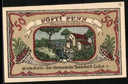 Notgeld Tonndorf-Lohe, 1921, 50 Pfennig, Haus am Fluss und Spruch in plattdeutsch