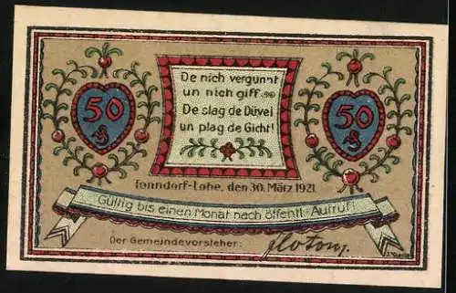 Notgeld Tonndorf-Lohe, 1921, 50 Pfennig, Haus am Fluss und Spruch in plattdeutsch