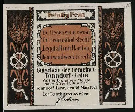 Notgeld Tonndorf-Lohe, 1921, 20 Pfennig, Gutschein mit landwirtschaftlichen Motiven und bäuerlicher Weisheit