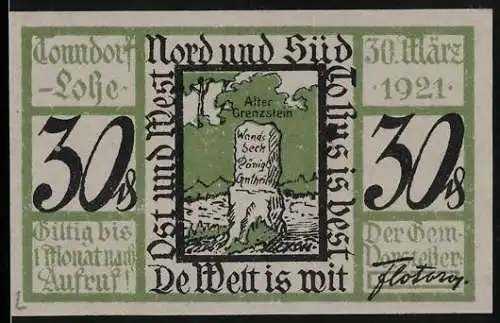 Notgeld Tonndorf-Lohe, 1921, 50 Pfennig, Grenze mit Inschrift Alter Grenzstein und Text Ost und West, Nord und Süd