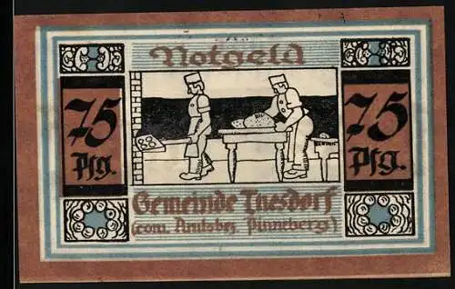 Notgeld Thesdorf 75 Pf., Gemeinde Thesdorf im Amtsbezirk Pinneberg, Bäcker bei der Arbeit, 7081, 1921