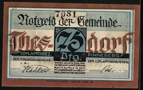 Notgeld Thesdorf 75 Pf., Gemeinde Thesdorf im Amtsbezirk Pinneberg, Bäcker bei der Arbeit, 7081, 1921