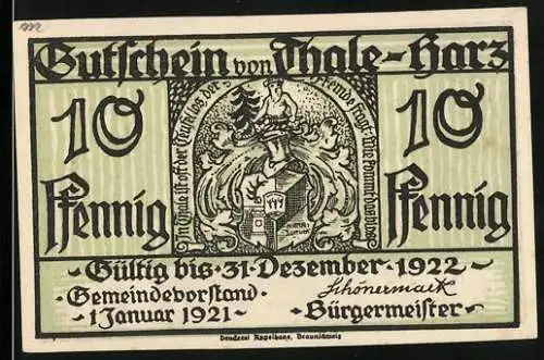 Notgeld Thale - Harz, 1921, 10 Pfennig, Gutschein gültig bis 31. Dezember 1922, Abbildung des Wappens und einer Schlucht