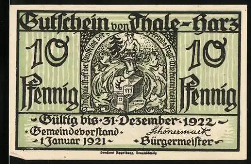 Notgeld Thale - Harz, 1921, 10 Pfennig, Gutschein gültig bis 31. Dezember 1922, Stadtwappen und Gebirgsszene