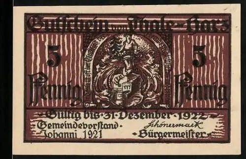 Notgeld Thale / Harz 1921, 5 Pfennig, Gültig bis 31. Dezember 1922, Vorderseite mit Wappen und Rückseite Bergtheater