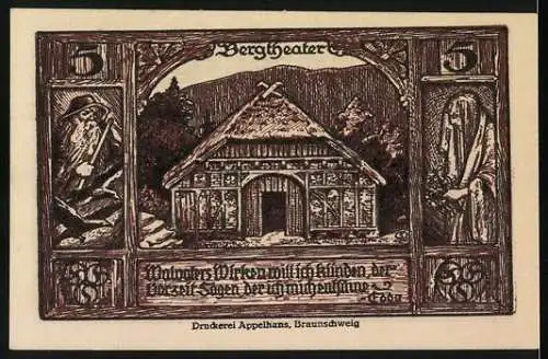 Notgeld Thale / Harz 1921, 5 Pfennig, Gültig bis 31. Dezember 1922, Vorderseite mit Wappen und Rückseite Bergtheater