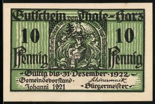 Notgeld Thale - Harz 1921, 10 Pfennig, grün-weisse Gestaltung mit Wappen und Szenen aus der Natur, gültig bis 31.12.1922