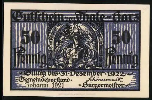 Notgeld Thale /Harz 1921, 50 Pfennig, Gutschein gültig bis 31. Dezember 1922 mit Abbildung Wappen & Walpurgishalle