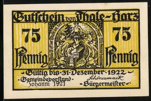 Notgeld Thale - Harz 1921, 75 Pfennig, gelb-schwarzer Gutschein gültig bis 31. Dezember 1922 mit Bergmotiv und Wappen