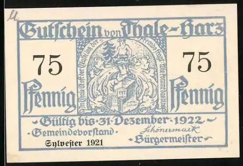 Notgeld Thale - Harz 1921, 75 Pfennig, Gutschein mit Wappen und Bergszene, gültig bis 31. Dezember 1922