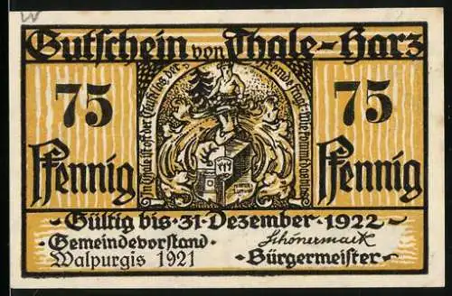 Notgeld Thale - Harz 1922, 75 Pfennig, Gutschein gültig bis 31. Dezember 1922, Illustration mit Berglandschaft und Sage