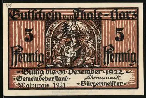 Notgeld Thale - Harz 1921, 5 Pfennig, Gültig bis 31. Dezember 1922, Vorderseite mit Wappen, Rückseite mit Bergtheater