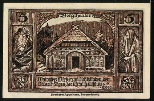 Notgeld Thale - Harz 1921, 5 Pfennig, Gültig bis 31. Dezember 1922, Vorderseite mit Wappen, Rückseite mit Bergtheater