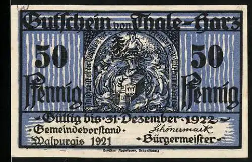 Notgeld Thale - Harz 1921, 50 Pfennig, Gültig bis 31. Dezember 1922, Vorderseite mit Wappen, Rückseite mit Teufelsmauer