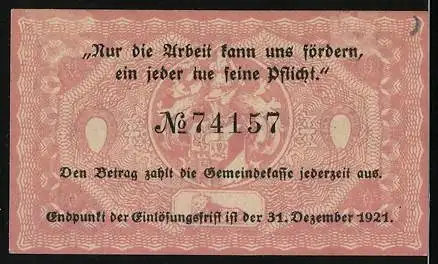 Notgeld Thale 1921, 25 Pfennig, Gutschein über fünfundzwanzig Pfennig, Seriennummer 74157, endet 31. Dezember 1921