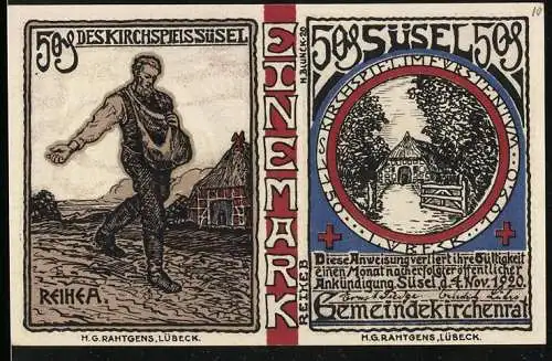 Notgeld Süsel, 1920, Eine Mark, Bauer mit Scheune und Dorfansicht