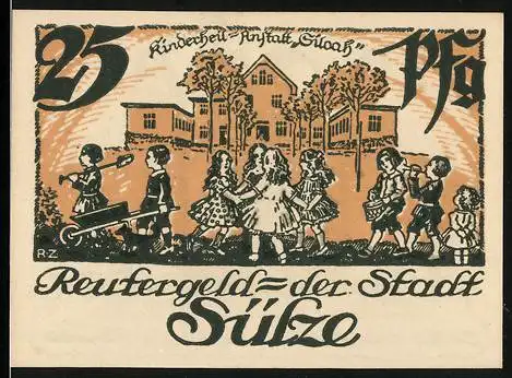 Notgeld Sülze, 1921, 25 Pfennig, Kinderheim-Anstalt Siloah und Wappen, Rückseite Krone, gültig bis 31. März 1922