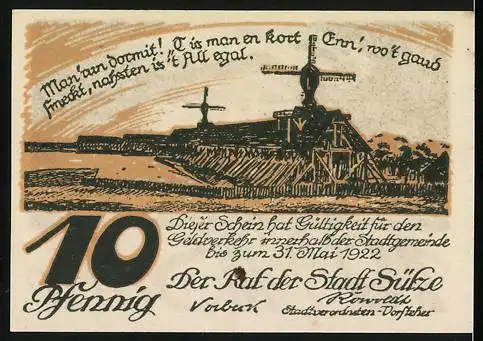 Notgeld Sülze, 1922, 10 Pfennig, Vorderseite mit Gebäude, Rückseite mit Windmühle und plattdeutschem Text