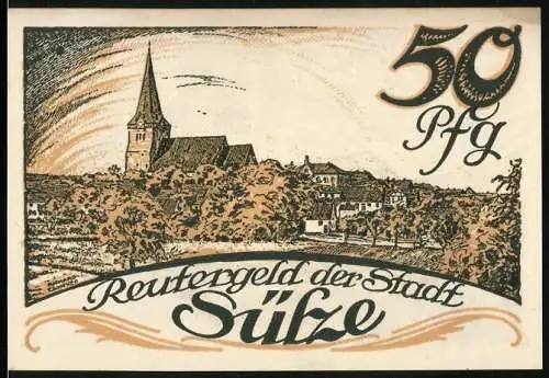 Notgeld Sülze, 1922, 50 Pfennig, Stadtansicht mit Kirche und Salzwerk
