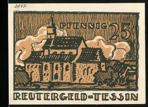 Notgeld Tessin, 1922, 25 Pfennig, Reutergeld mit Kirche und Landschaftsszene