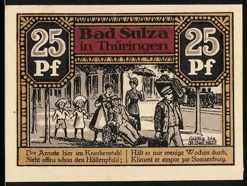Notgeld Bad Sulza, 1921, 25 Pf, Darstellung der Sonnenburg und Strassenbild mit Krankenstuhl