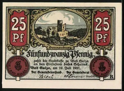 Notgeld Bad Sulza, 1921, 25 Pf, Darstellung der Sonnenburg und Strassenbild mit Krankenstuhl