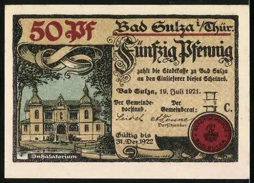 Notgeld Bad Sulza in Thüringen, 1921, 50 Pf, Abbildung der Trinkhalle und des Inhalatoriums