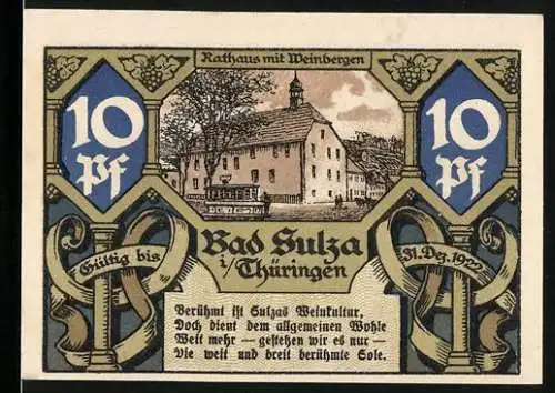 Notgeld Bad Sulza 1921, 10 Pfennig, Rathaus mit Weinbergen und Technikum